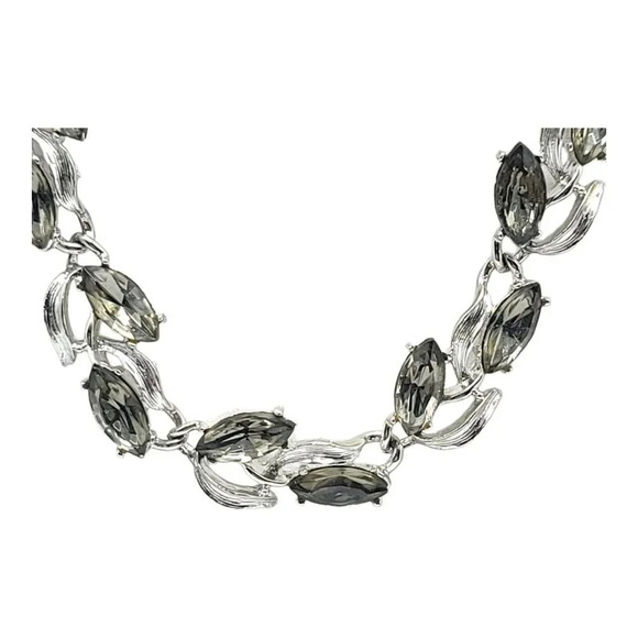 Silver Toned Floral Leaf Gray Rhinestone Adjustable Choker Necklace Vintage - Picture 3 of 7